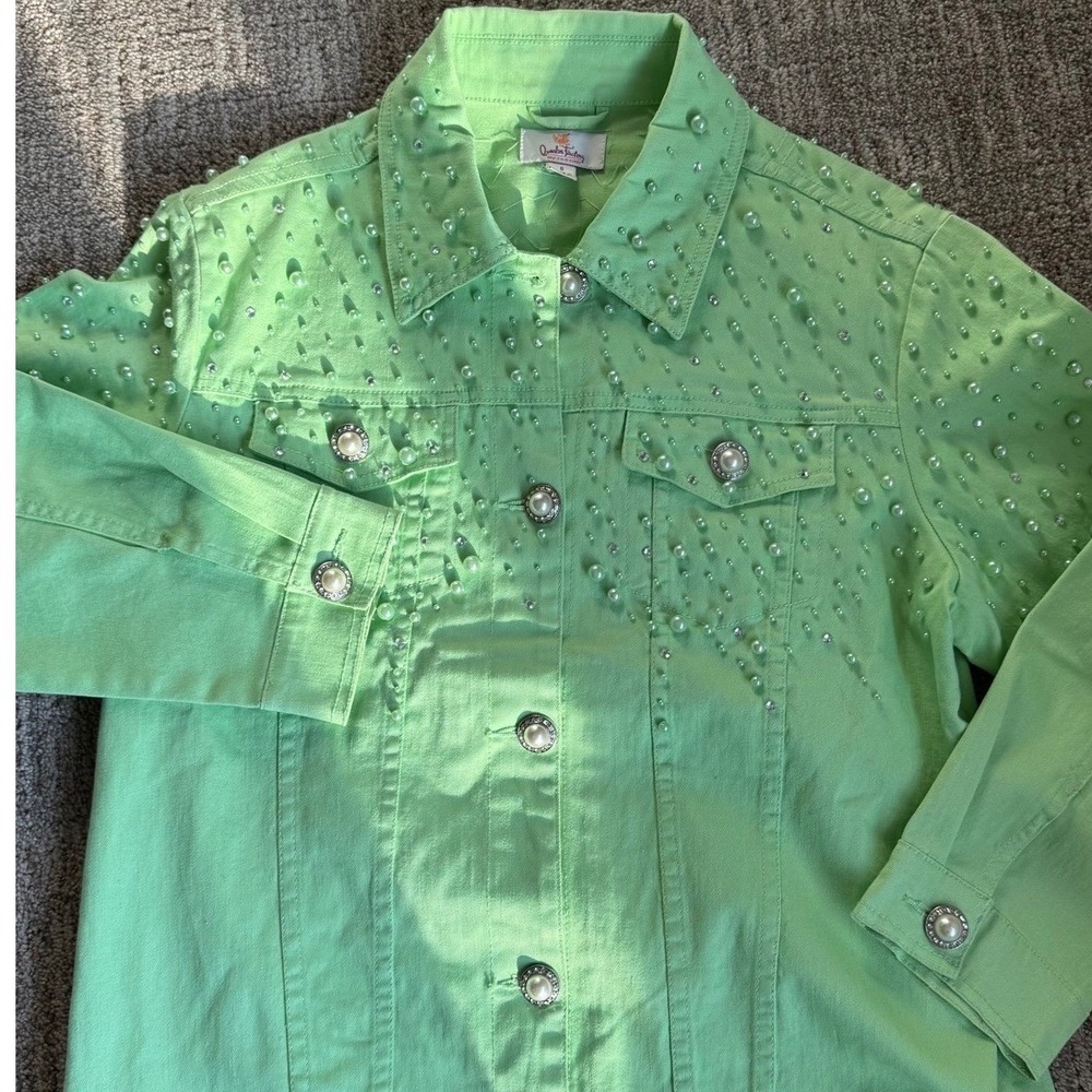 Quacker Factory Women's Small Lime Green Pearl Rhinestone Denim Jacket Y2K Bling